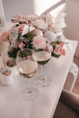 champagne glasses and flowers