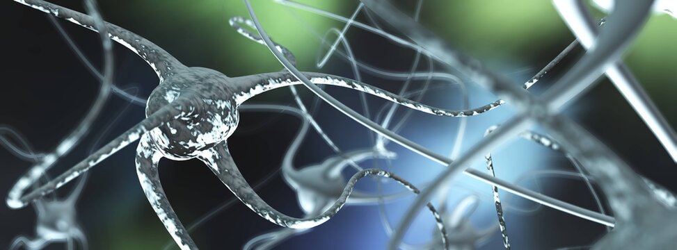 Nerve, nerve node close-up, nervous system, Neural network of the brain, neuron close-up, active neuron, 3d rendering