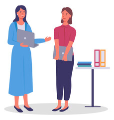 Office workers. Colleagues communicating. Woman with laptop and colleague with open computer talking, discussing new project, plan. Businesswomen planning strategy, teamwork, brainstorming time