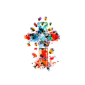 Colorful christian cross with human hands isolated vector illustration. Religion themed background. Design for Christianity, church charity, help and support, prayer and care
