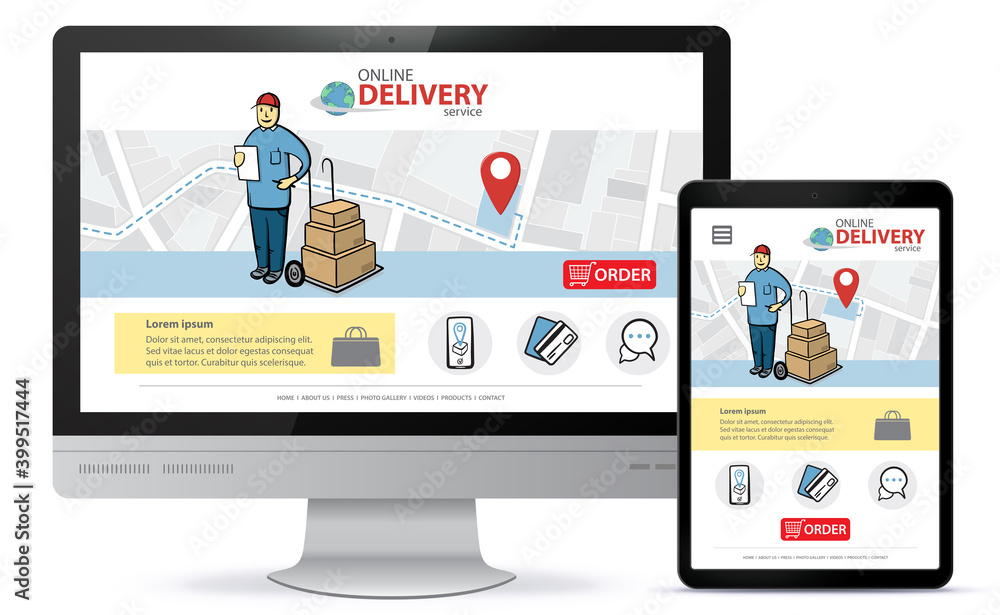Poster online delivery service vector ui on computer screen and tablet pc. responsive design template for o