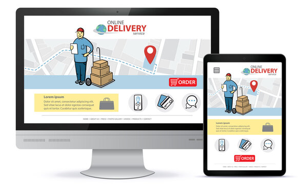 Online delivery service vector UI on Computer screen and Tablet PC. Responsive design template for online shopping app and mobile website.