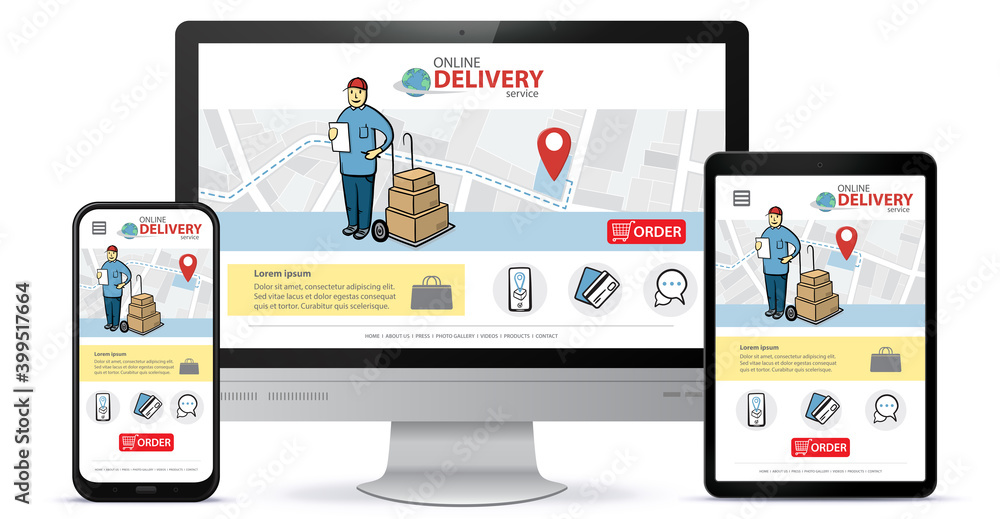 Poster responsive design template for online shopping app and mobile website. online delivery service vecto