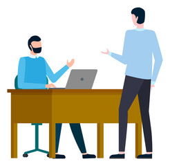 Two men talking in office sitting at desk with laptop. Male colleagues communication, discussion. International business concept vector illustration