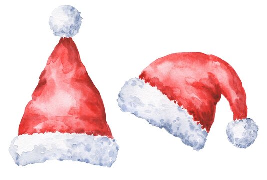Watercolor santa claus red hats on white background. Watercolour Christmas season illustration.