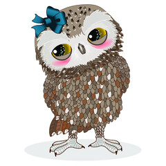 Emoticon with a modest and shy owl who stands with his head bowed, and holds his hands behind his back, vector color emoji on isolated background