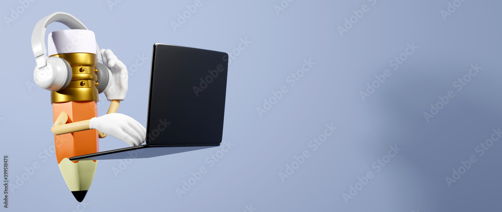 Poster digital online education. 3d render of computer. application learning on phone, mobile website backg