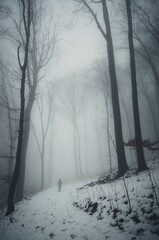 man walking on snowy forest path, mysterious winter landscape