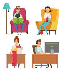 Portrait view of smiling man reading book, male using computer. Female sewing on machine, woman needle-crafting. People leisure indoor, hobby vector