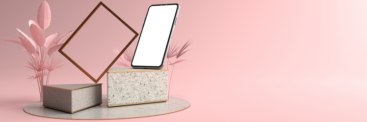 Fototapeta premium 3D rendering of The Smartphone white screen on Triangle marble Pedestal, Mobile phone mockup tilted to the ground. Pedestal can be used for commercial advertising, Isolated on Minimal pink background.