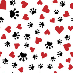 Seamless pattern with hearts and paw prints. Cute vector illustration.