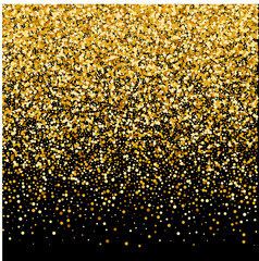 Abstract bright golden flickering luminous particles on a black background. Vector glitter decoration, gold dust. Scatter shine tinsel light explosion effect. Burning sparks wallpaper. Celebration