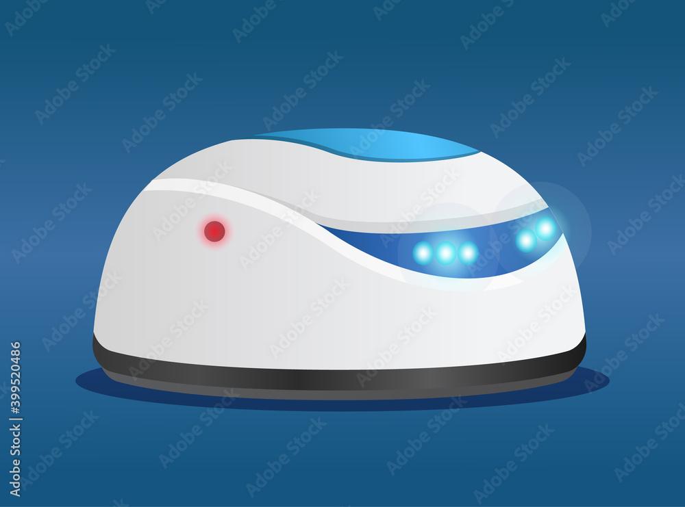 Poster futuristic robot cleaner with sensors lamps eyes. artificial intelligence, innovative model of robot