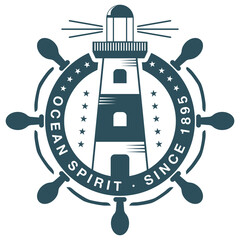 Vector Nautical Badge with Lighthouse. Ocean Spirit Label with Rudder.