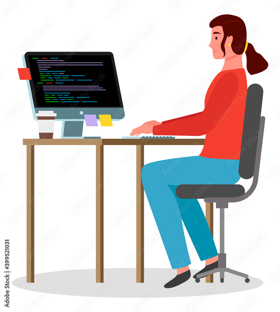 Poster workplace of woman with computer, office worker sitting at table typing at keyboard, coding, busines
