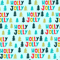 Christmas seamless pattern. Hand drawn fir trees, Holly Jolly lettering on coral background. Christmas holidays concept. For gift wrapping paper and other design projects