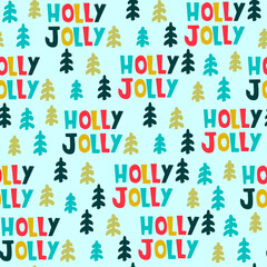 Fototapeta premium Christmas seamless pattern. Hand drawn fir trees, Holly Jolly lettering on coral background. Christmas holidays concept. For gift wrapping paper and other design projects