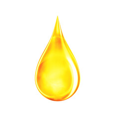 Drop of oil in yellow color. Icon of gold liquid drop like oil, gasoline or vitamins from droplet. Orange drip isolated on white. 3d rendering - obrazy, fototapety, plakaty