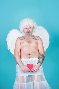 Naughty Cupid. Valentines Day. Bad Cupid. Bearded Angel. Paper Heart.