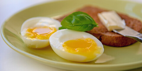 Two soft-boiled egg halves on a plate. Basil leaf, toast and butter. Close up.