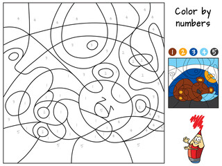 Bear sleeping in a den. Coloring book. Educational puzzle game for children. Cartoon vector illustration