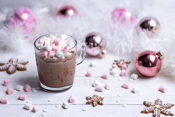 Hot Winter Cocoa with mini marshmallows in pink pastels
