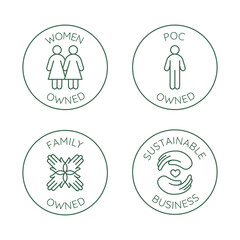 Vector set of design elements, logo design templates, icons and badges for sustainably made products in trendy linear style - family or women owned business with low environmental impact