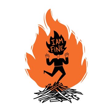 Vector Illustration With Long Hair Woman Dancing On Fire And Showing Okay Hand Sign. I Am Fine Lettering Phrase. Funny Print Design, Colored Typography Poster.