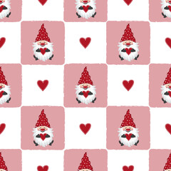 Valentines day seamless pattern with cute gnomes and red hearts