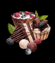 food sketch beautiful delicious pastry desserts with berries cream and chocolate marker drawing collage 4 black background