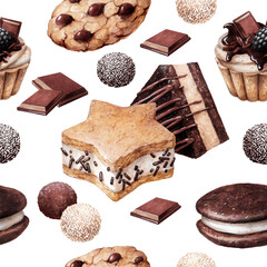 food sketch beautiful delicious pastry desserts with berries cream and chocolate marker drawing pattern 1 white background