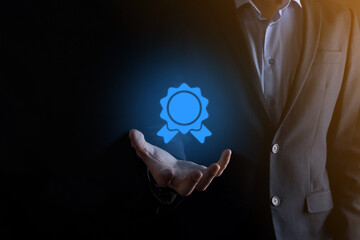 Businessman man holds in hand hourglasses icon. Time expires. A reminder to action. Business concept. Elements for design.