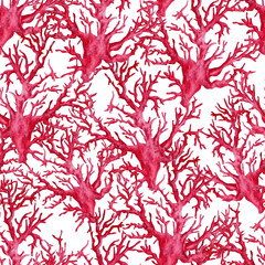 Coral, underwater animals, fish. Seamless watercolor pattern