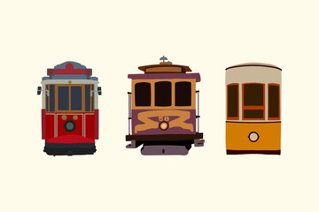 Set of retro tram. Vintage car detailed urban transport. Electric vehicles in the city. Transport collection, perfect for a travel card or leaflet design. Perfect for transport infographics, travel