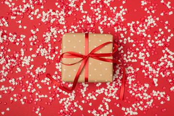 Happy saint valentine day concept. Above top close up view photo of beautiful packed present box on...