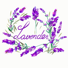 Postcard with the inscription lavender and flowers around it