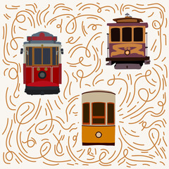 Retro tram poster. Old American, Turkish, European. Tramcar city transport for city trips. Electric cars Streetcar in the States postcard in the city for traveling the streets. Transport poster for