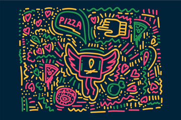 Doodle-style food delivery. Vector background concept of food delivery to your home or office. Beautiful bright background of transport and man with food. Vector illustration