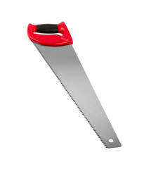 Cross cut hand saw with red plastic handle. Isolated on a white background.