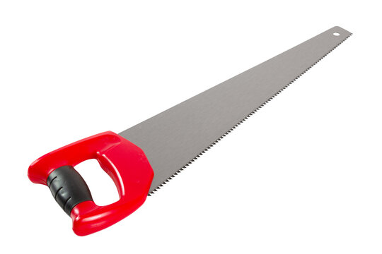 Cross cut hand saw with red plastic handle. Isolated on a white background.