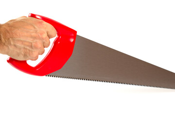 Man holding Cross cut hand saw with red plastic handle. Isolated on a white background.