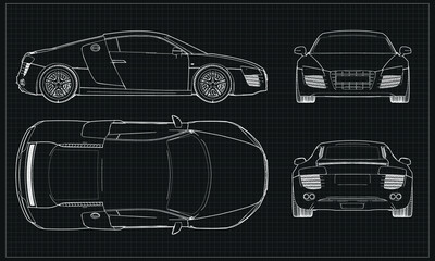 Fototapeta na wymiar Sport Car Line Drawing Vector Blueprint in Black