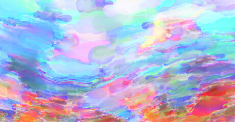 Contemporary art. Hand made painting. Modern artwork. Painting with brushstrokes of watercolor on surface. 2d illustration. Artistic background image. Abstract painting on canvas. Colorful texture.