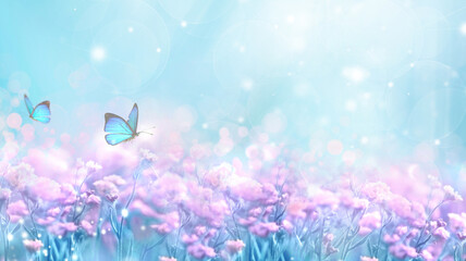 Floral spring natural blue background with fluffy airy lilac flowers on meadow and fluttering...