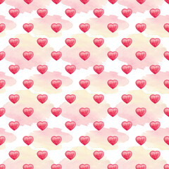 Watercolor hand drawn cute Red Hearts and Abstract Clouds Seamless Pattern. Holiday Background for Valentine's Day, Mother's Day, Love design, wrapping paper, greeting card, package, invitations