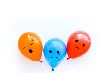 Negative emotions set. Anger depression sleepiness sadness mood painted on colored balloons