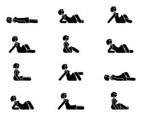 Stick figure female lie down various positions vector illustration icon set. Woman person sleeping, laying, sitting on floor, ground side view silhouette pictogram on white