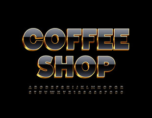 Vector stylish logo Coffee Shop. 3D Black and Gold Font. Shiny elite Alphabet Letters and Numbers set