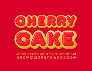 Vector delicious sign Cherry Cake. Red glazed Font. Sweet Donut Alphabet Letters and Numbers set