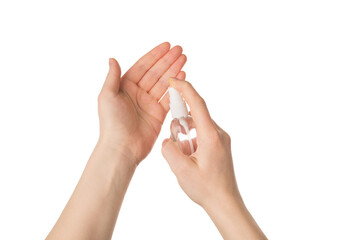 Pov close up view photo of girl hands holding small bottle with antiseptic using spray isolated...